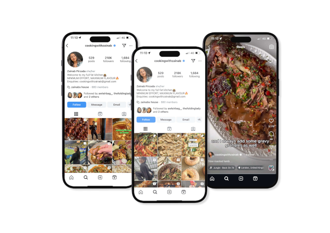 Phone screens showing halal cooking from cookingwithzainab Instagram. 